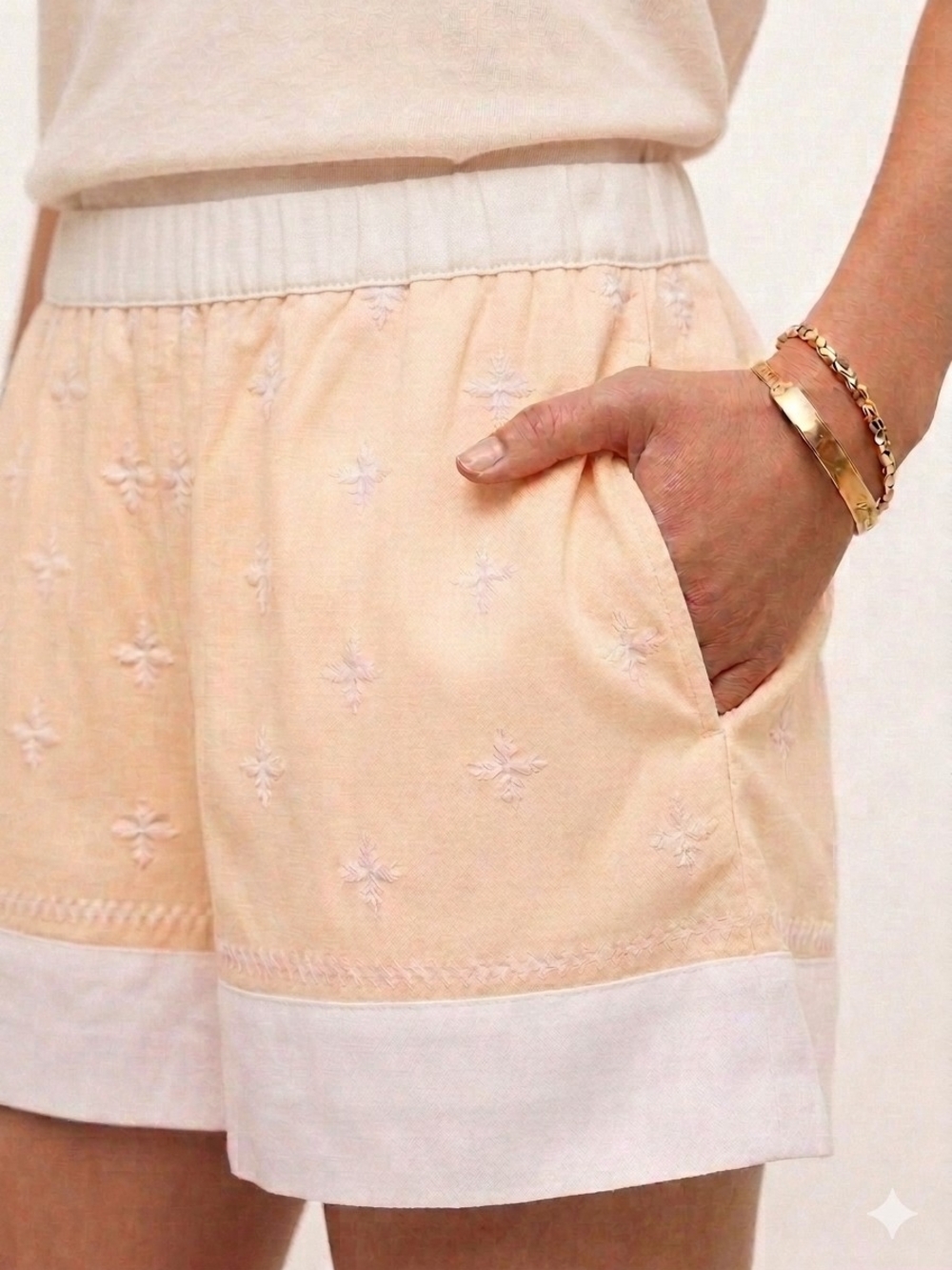elevenses Peach Embroidered Lounge Shorts with White Trim